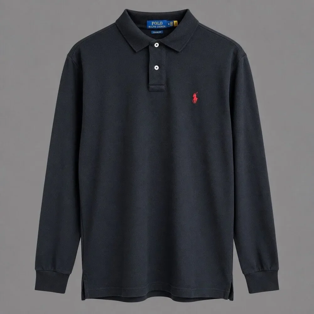 Polo Ralph Lauren Classic Fit Black Long Sleeve Polo Shirt Mens XL Red Pony Logo